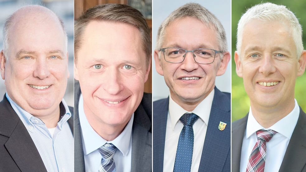 Diese vier Verwaltungs-Chefs vertreten die ostfriesischen Anteilseigner der EWE (von links): Bürgermeister Claus-Peter Horst (Leer), Landrat Holger Heymann (Landkreis Wittmund), Landrat Olaf Meinen (Landkreis Aurich) und Landrat Matthias Groote (Landkreis Leer). Fotos: Stadt Leer, Landkreis Wittmund, Landkreis Aurich und Landkreis Leer