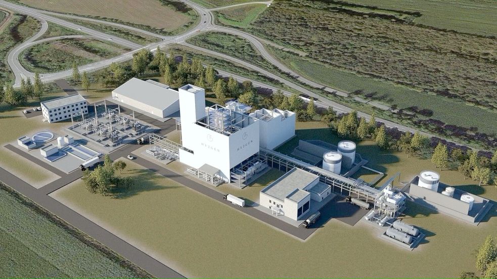 Modell: So soll das Wasserstoff- und Methanol-Werk an der B72 einmal aussehen. Produktionsstart ist für 2028 geplant. Grafik: Hy2gen