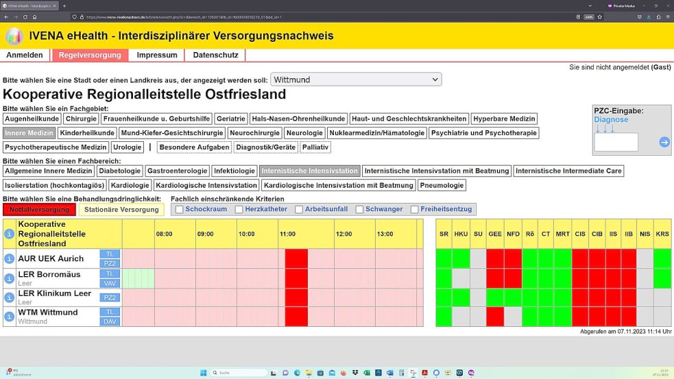 7. November,11.14 Uhr: Alle Krankenhäuser im Zuständigkeitsbereich der Kooperativen Regionalleitstelle Ostfriesland (KRLO) haben ihre Intensivstationen für die Notfallversorgung abgemeldet. Screenshot: OZ