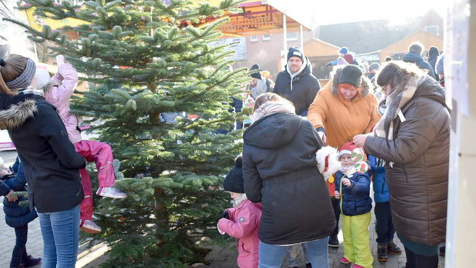 Mädchen und Jungen des Kindergartens "Lüütje Lüü" haben zu Beginn den Weihnachtsbaum geschmückt. Foto: Ammermann
