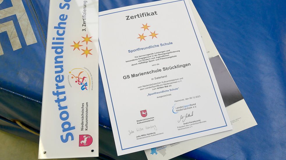 Die Wandtafel mit den drei Sternen für die dritte Auszeichnung und die Urkunde für die sportfreundliche Grundschule Strücklingen. Foto: Kruse