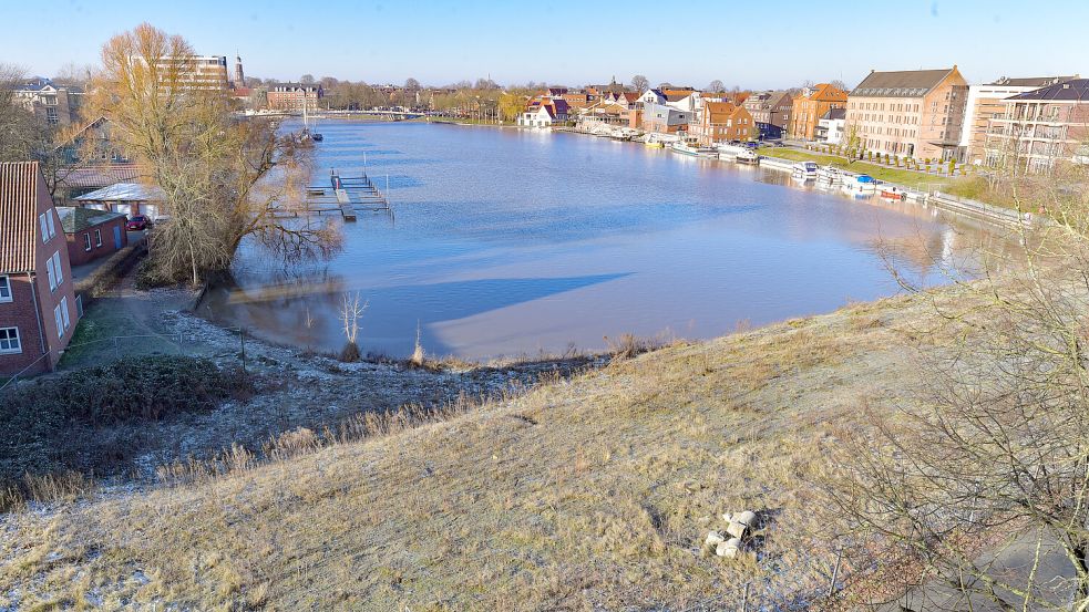Ein Blick aus dem Polizeigebäude über den Hafenkopf. Die Grünfläche im Vordergrund soll bebaut werden. Foto: Ortgies