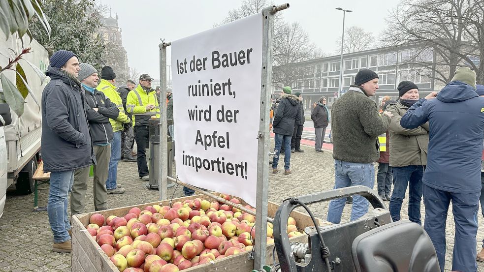Mit Äpfeln aus heimischem Anbau und markigen Sprüchen haben Landwirte aus ganz Niedersachsen am Donnerstag vor dem Landtag gegen Subventionskürzungen demonstriert. Foto: Lars Laue