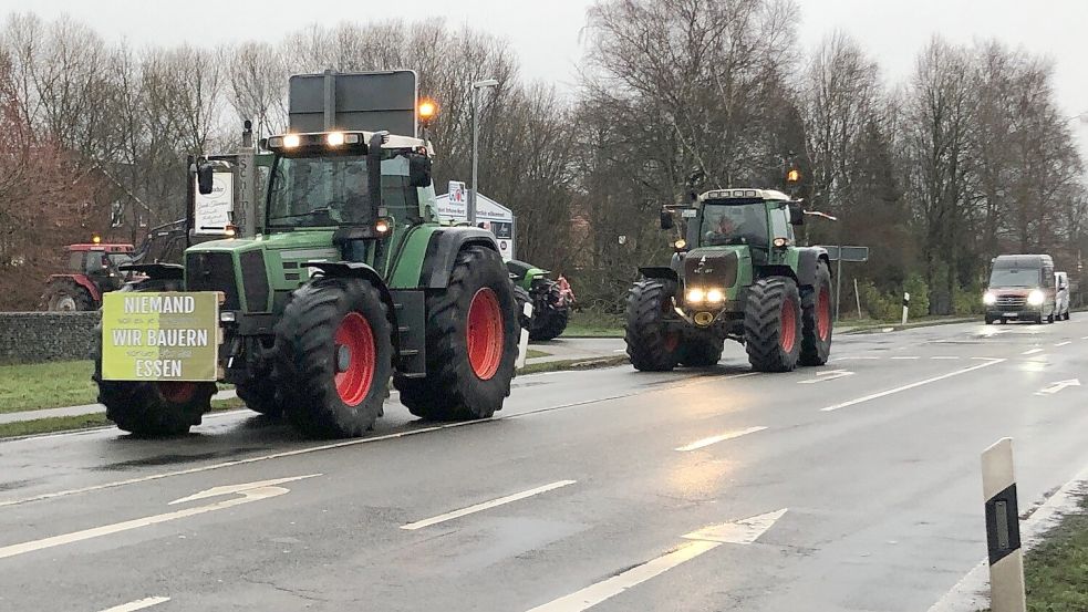 Auch viele Landwirte schlossen sich am Samstag einer Protestfahrt durch Westoverledingen an. Anschließend fuhren viele der Teilnehmer noch zur Protestaktion nach Weener. Foto: Ammermann