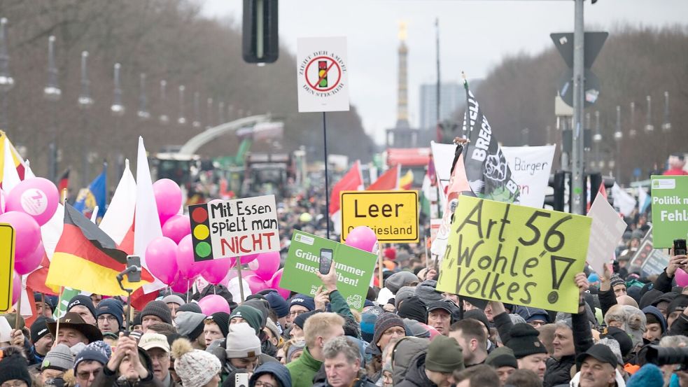 Demonstranten stehen mit ihren Plakaten während der Protestaktion am Brandenburger Tor in Berlin vor der Siegessäule – darunter auch Teilnehmer aus Leer mit einem eigenen Schild. Foto: Gollnow/dpa