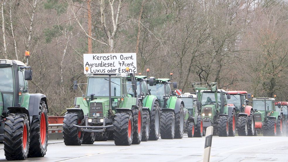 Im Oldenburger Münsterland demonstrierten die Landwirte zuletzt am vergangenen Freitag. Das Foto zeigt eine Treckerkolonne auf der Dinklager Straße: Nahe der A1-Auffahrt Lohne/Dinklage. Foto: Oblau