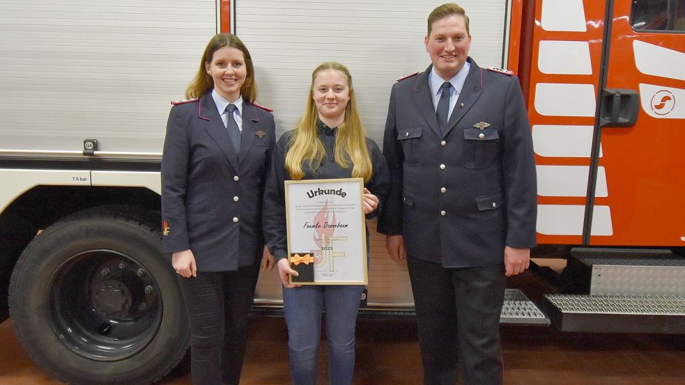 Die stellvertretende Jugendfeuerwehrwartin Annika Tebben (links) und Jugendfeuerwehrwart Florian Fugel gratulieren Feemke Dannebaum zu deren Auszeichnung Jugendfeuerwehrfrau des Jahres 2023 zu sein. Foto: Giehl