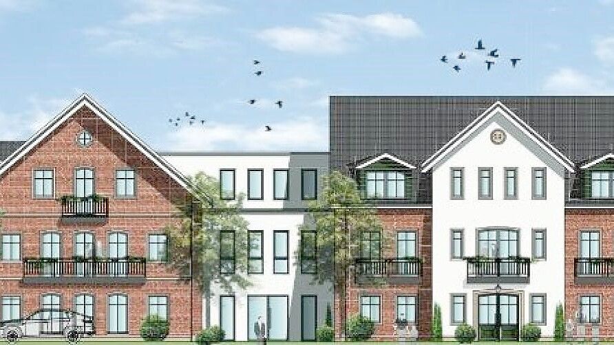 Die Ansicht des geplanten Neubau-Komplexes anstelle des Kolpinghauses an der B70 in Papenburg. Grafik: BM Immobilien/Stadt Papenburg