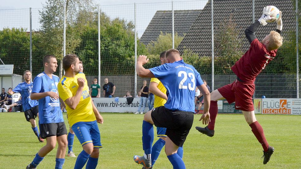 Der TSV Ostrhauderfehn (blaue Trikots) peilt den Klassenerhalt an, der SC Rhauderfehn/Langholt (gelbe Trikots) blickt dagegen in die obere Tabellenregion. Foto: Weers