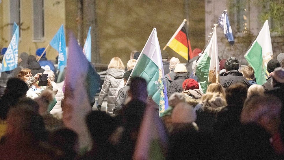 Bei mehreren Demonstrationen in Sachsen wurden gefälschte Beiträge der „Tagesschau“ gezeigt. Foto: dpa/Sebastian Kahnert
