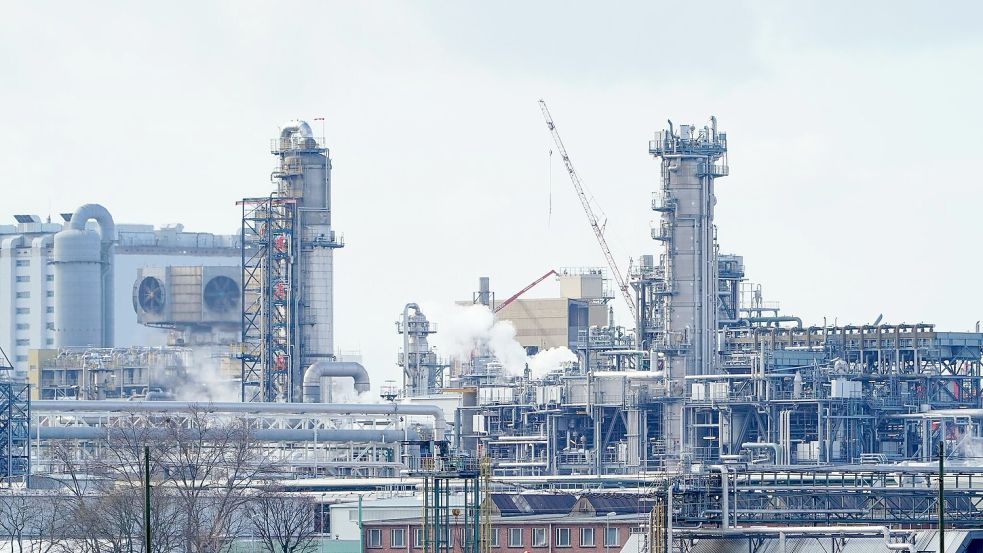 Industrieanlagen stehen auf dem Werksgelände des Chemiekonzerns BASF: Der Umsatz der Branche dürfte 2024 fallen. Foto: Uwe Anspach/dpa