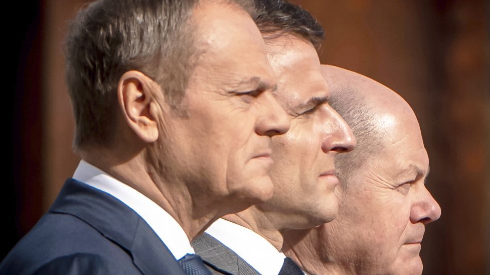 Hatten einiges zu bereden: Polens Premier Dobald Tusk, Frankreichs Präsident Emmanuel Macron und Bundeskanzler Olaf Scholz in Berlin. Foto: dpa/Michael Kappeler