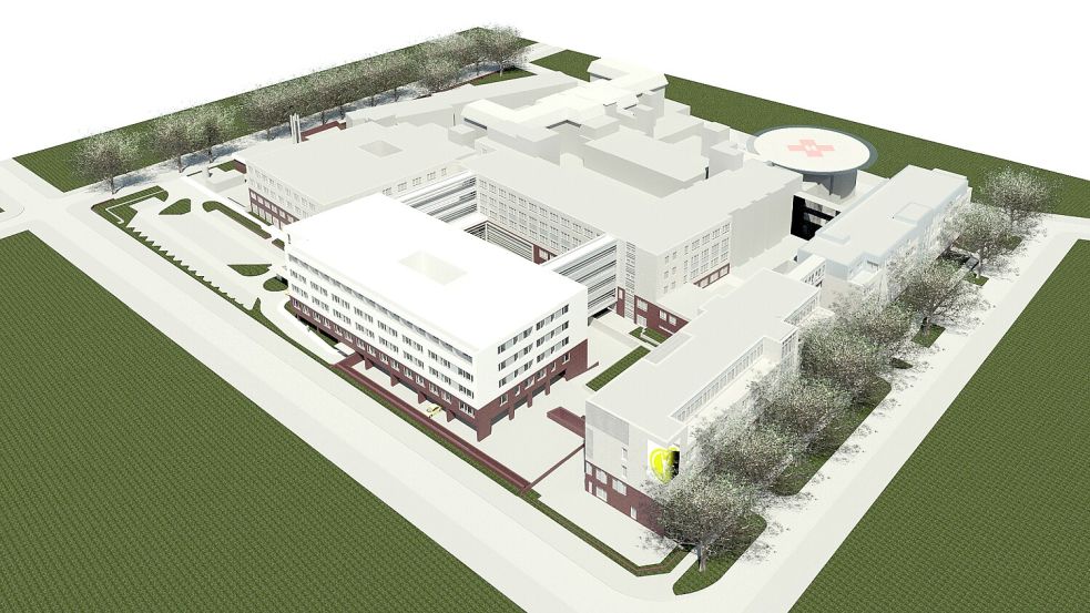 Nach den Plänen von 2021 soll künftig so das Klinikgelände aussehen. Visualisierung: agn/Klinikum Leer