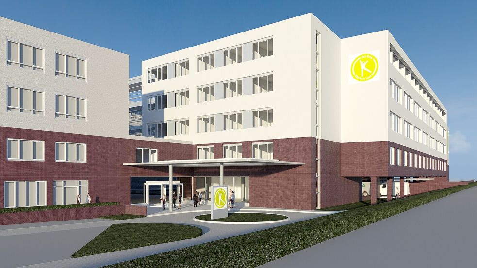 So sahen die 2021 vorgestellten Pläne für den Neubau aus. Zu sehen ist der neue Eingangsbereich des Klinikums. Visualisierung: agn/Klinikum Leer