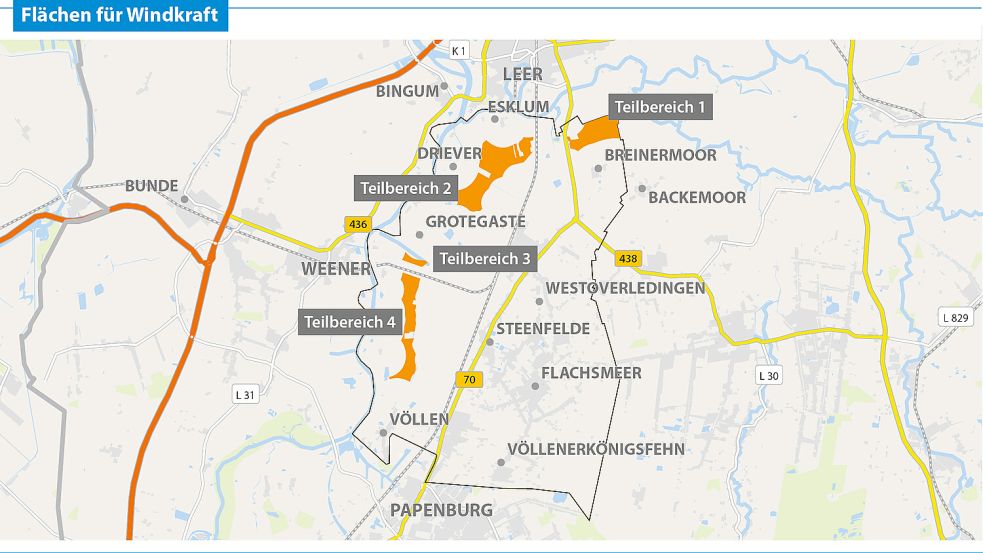 Die orange eingezeichneten Fläche sind mögliche Windenergieflächen.