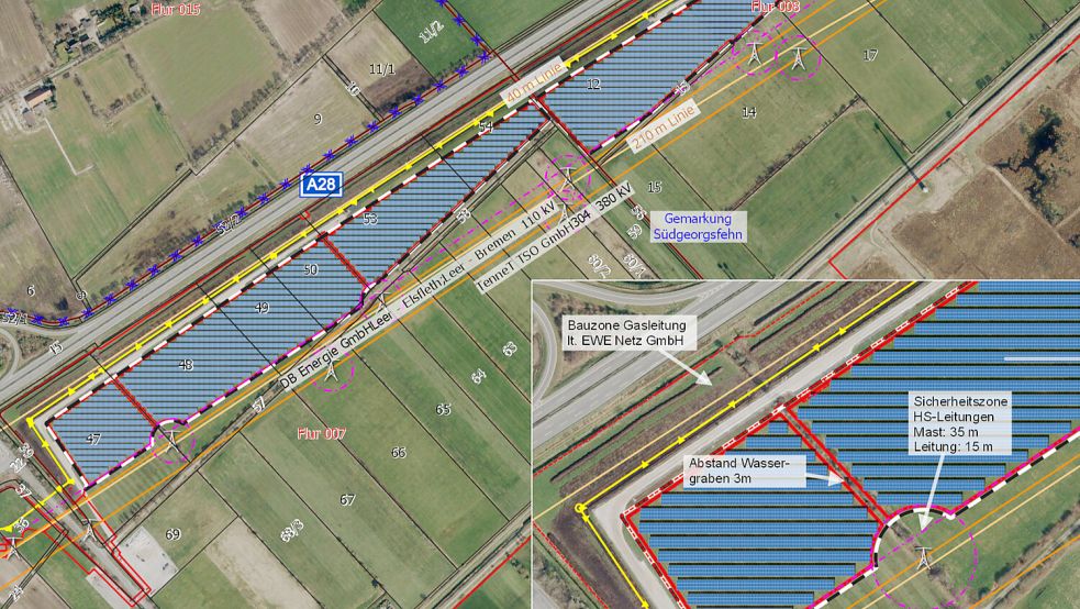 Auf den blau schraffierten Flächen soll die Solaranlage. Foto: Gemeinde Uplengen/Auszug aus den Geodaten des Landeamtes für Geoinformation und Landesvermessung Niedersachsen
