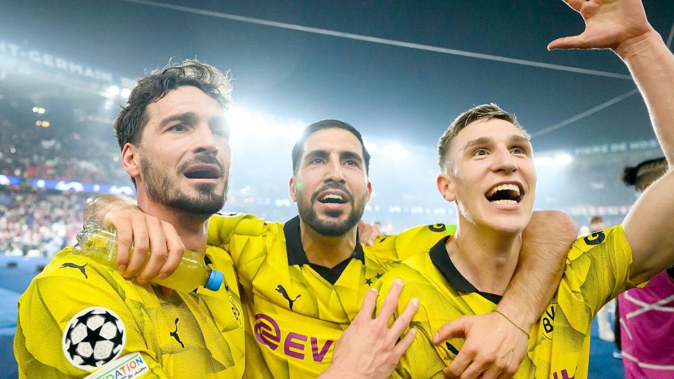 Treffen im Champions-League-Finale nun auf Real Madrid: Dortmunds Mats Hummels (l-r), Emre Can und Nico Schlotterbeck. Foto: Robert Michael/dpa