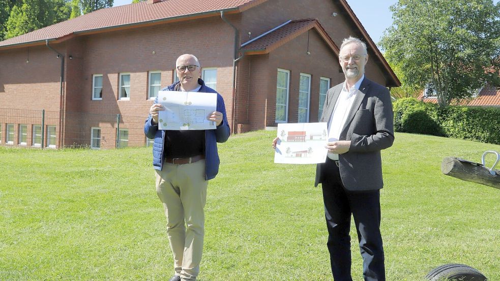 Die katholische Kirchengemeinde St. Jakobus Saterland möchte aus dem Pfarrheim in Ramsloh ein Bildungs- und Begegnungshaus machen. Der Vorsitzende des Pfarreirats, Georg Pugge (links) und Pfarrer Ludger Fischer präsentieren die Pläne. Foto: Passmann