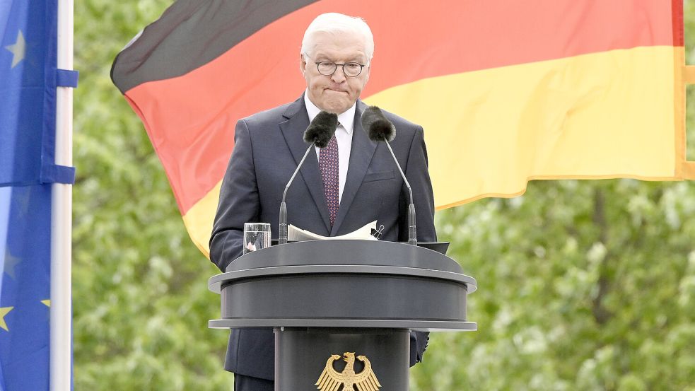 Bundespräsident Frank-Walter Steinmeier schwor die Bevölkerung beim Staatsakt zu 75 Jahre Grundgesetz auf eine Zeit der Selbstbehauptung ein. Foto: IMAGO/Frederic Kern