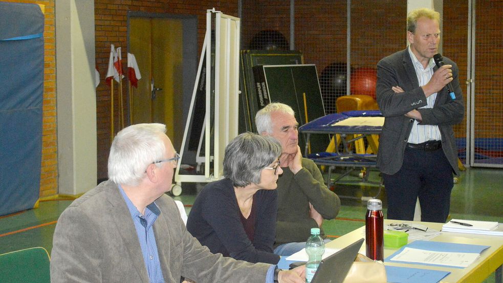 Rhauderfehns Bürgermeister Geert Müller (rechts) stand bei der Aufklärungsversammlung den Zuhörern gleichfalls Rede und Antwort. Foto: Weers