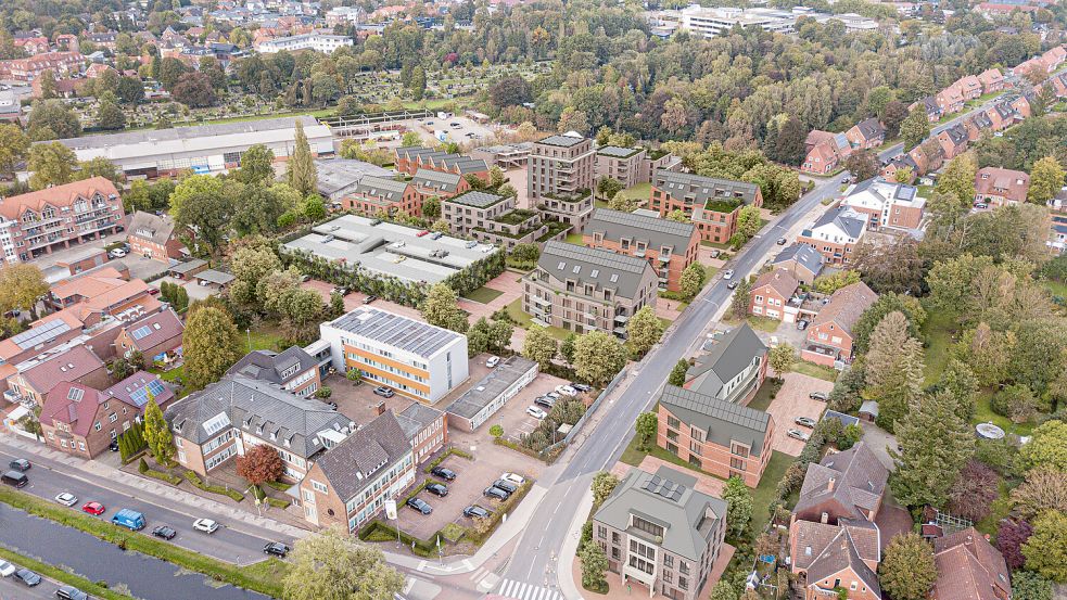 Vision: Bunte plant auf seinem Gelände hinter dem Verwaltungsgebäude mehrere Gebäude mit insgesamt über 200 Wohnungen. Noch befinden sich dort Fuhrpark und Werkstatt des Unternehmens. Sie sollen in den Bokeler Bogen siedeln. Grafik: Studio Bö/Eden Architekten