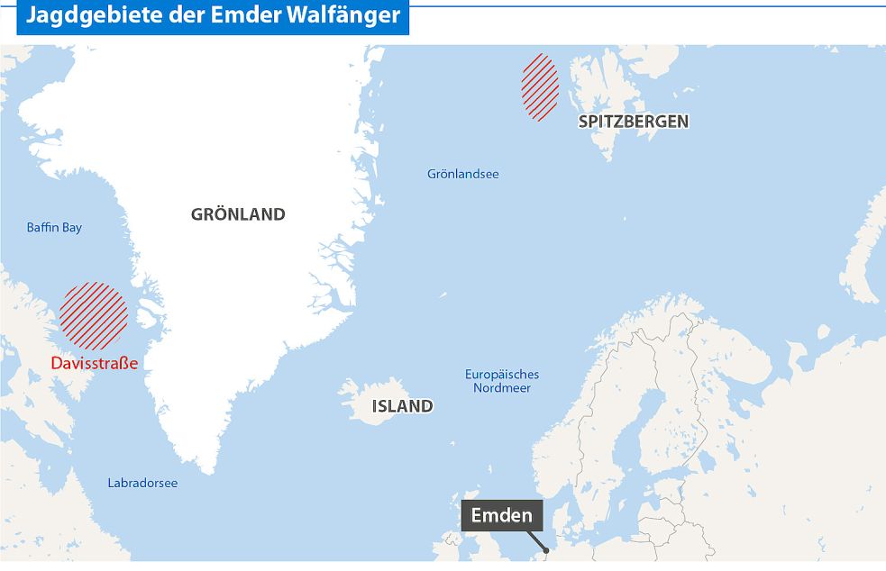 Die Jagdgebiete der Emder Walfänger: Die Davisstraße westlich von Grönland und vor der Westküste Spitzbergens Grafik: Jan Fischer