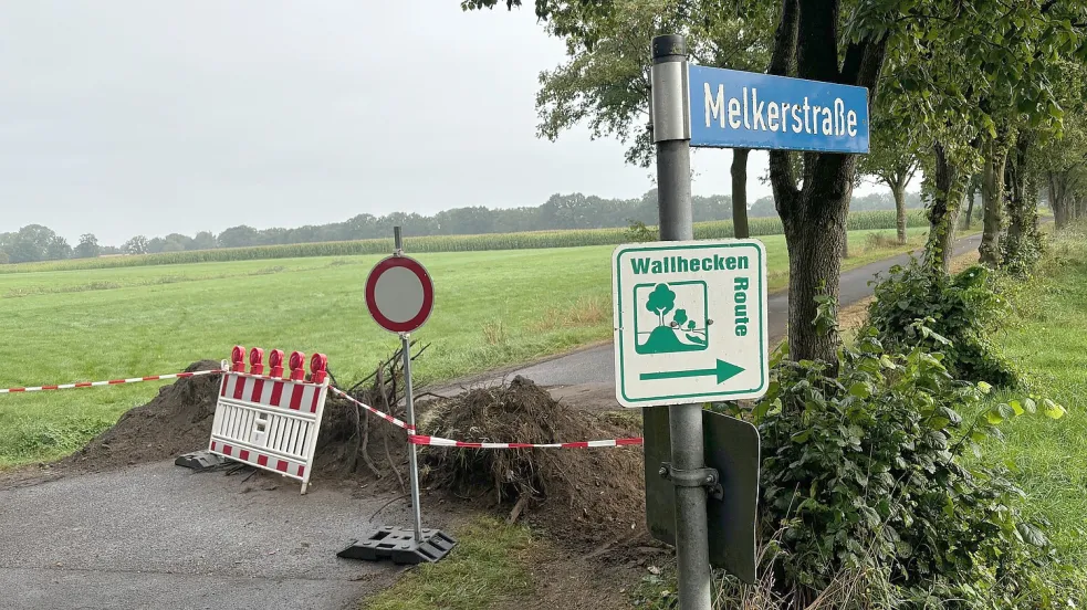 Eine ungewöhnliche Vollsperrung: Mit einem großen Haufen Mutterboden mit Wurzeln ist die Melkerstraße in Folmhusen durch den Bauhof der Gemeinde Westoverledingen gesperrt worden. Wegen der Sanierung der Bundesstraße ist diese Strecke von Auto- und Lastwagenfahrern als Schleichweg genutzt worden. Foto: Ammermann