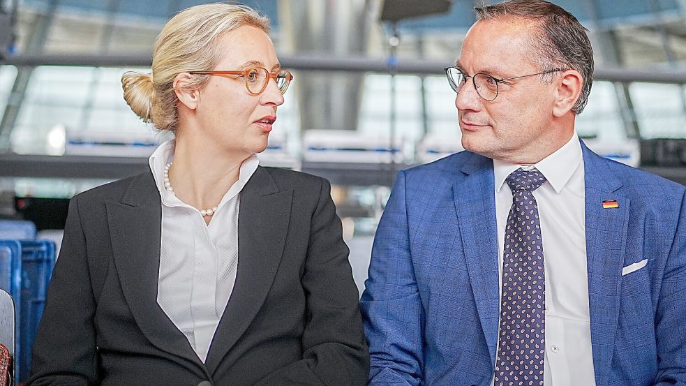 Führungsduo mit Ambitionen: das AfD-Chefgespann Alice Weidel und Tino Chrupalla. Foto: dpa/Kay Nietfeld