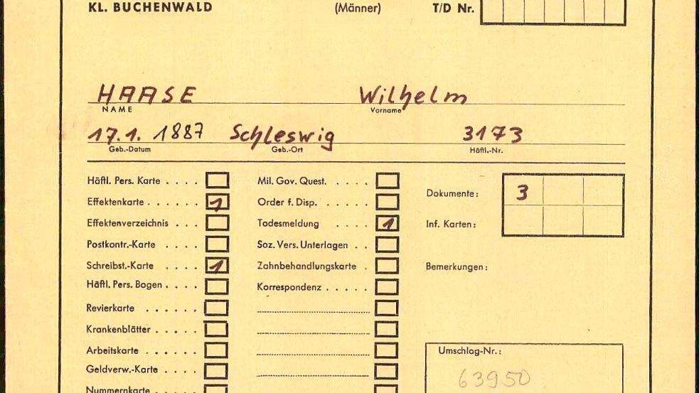 Wilhelm Haases Häftlingskarte aus dem Konzentrationslager Buchenwald. Er trug die Häftlingsnummer 3173 Foto: Archiv Arolsen