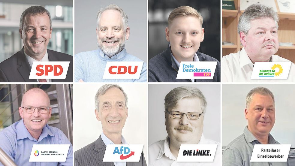 Die Kandidaten des Wahlkreises 24 Aurich-Emden: (von links) Johann Saathoff (SPD), Dr. Joachim Kleen (CDU), Hendrik Hartmann (FDP), Gunnar Ott (Grüne), Diedrich Kleen (Tierschutzpartei), Arno Arndt (AfD), Johann Erdwiens (Linke), Detlev Krüger (Einzelbewerber). Fotos: Parteien/privat/Archiv