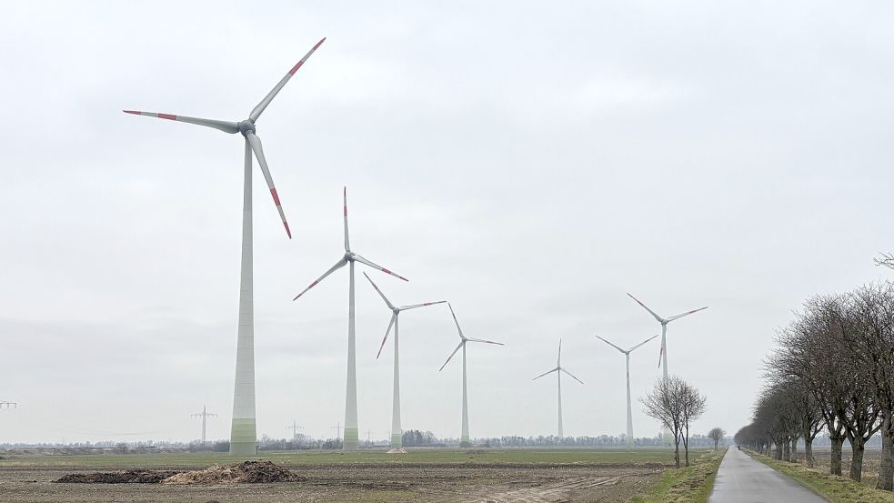 Im südlichen Teil der Gemeinde Westoverledingen gibt es bereits einen Windpark mit sieben Anlagen. In der Nähe sollen weitere Windräder mit einer Narbenhöhe von rund 200 Metern aufgebaut werden. Foto: Ammermann