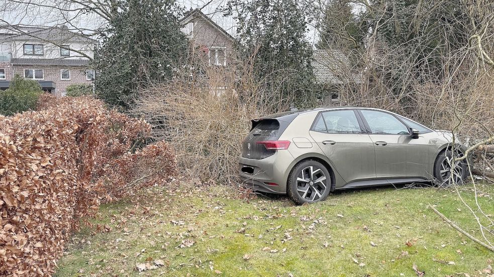 Das Auto durchbrach eine Hecke und prallte dann gegen einen Baum. Foto: Polizei