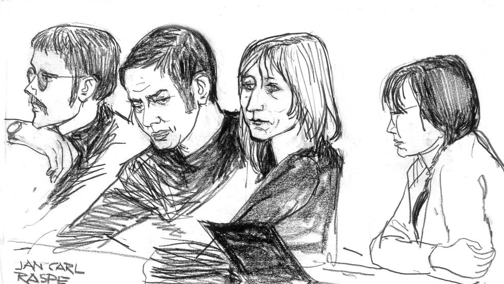 Die Angeklagten Jan-Carl Raspe, Andreas Baader, Gudrun Ensslin und Ulrike Meinhof wurden wärend des Prozesses von einem Gerichtszeichner gezeichnet. (Archivbild) Foto: picture alliance / dpa