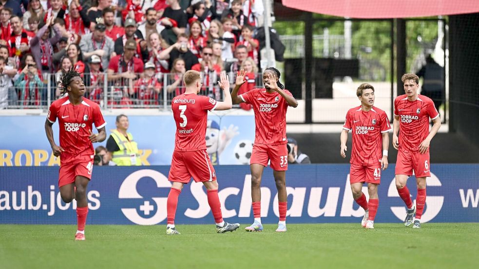 Heimsieg gegen Hoffenheim: Die Spieler des SC Freiburg jubeln. Foto: Silas Stein/dpa
