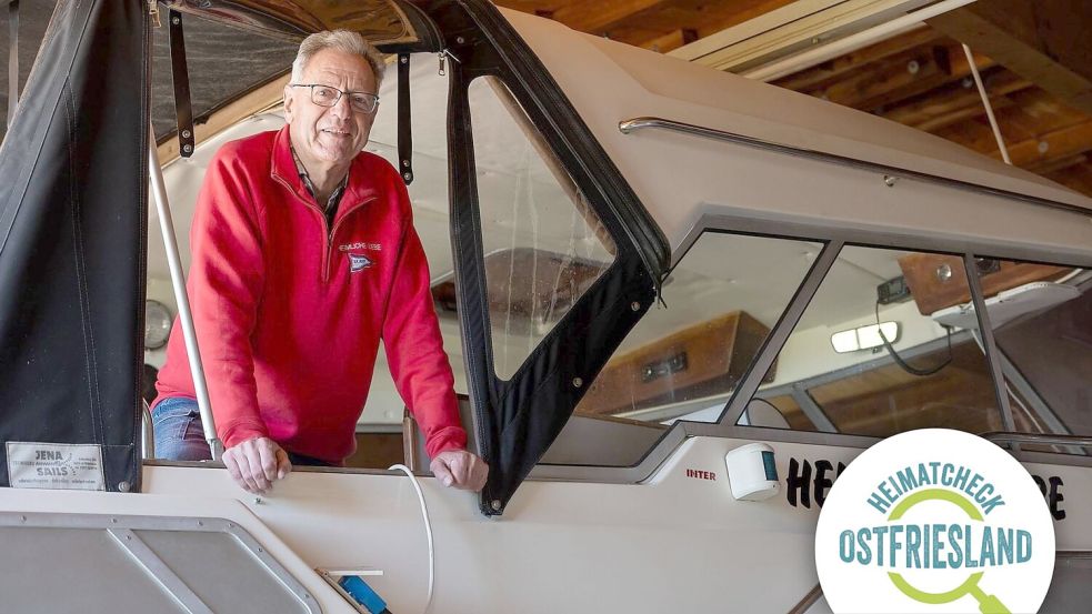 Stefan Erdmann mit seiner „Heimlichen Liebe“, seinem Motorboot auf Juist. Foto: Ute Bruns