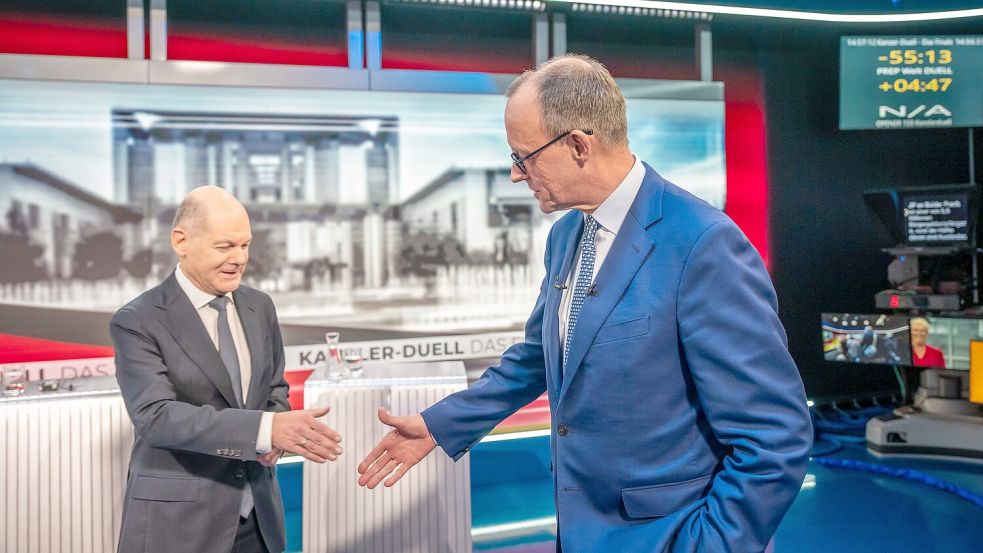 Hier sind Olaf Scholz (l.) und Friedrich Merz im letzten TV-Duell vor der Bundestagswahl aufeinander getroffen. Foto: dpa/Michael Kappeler