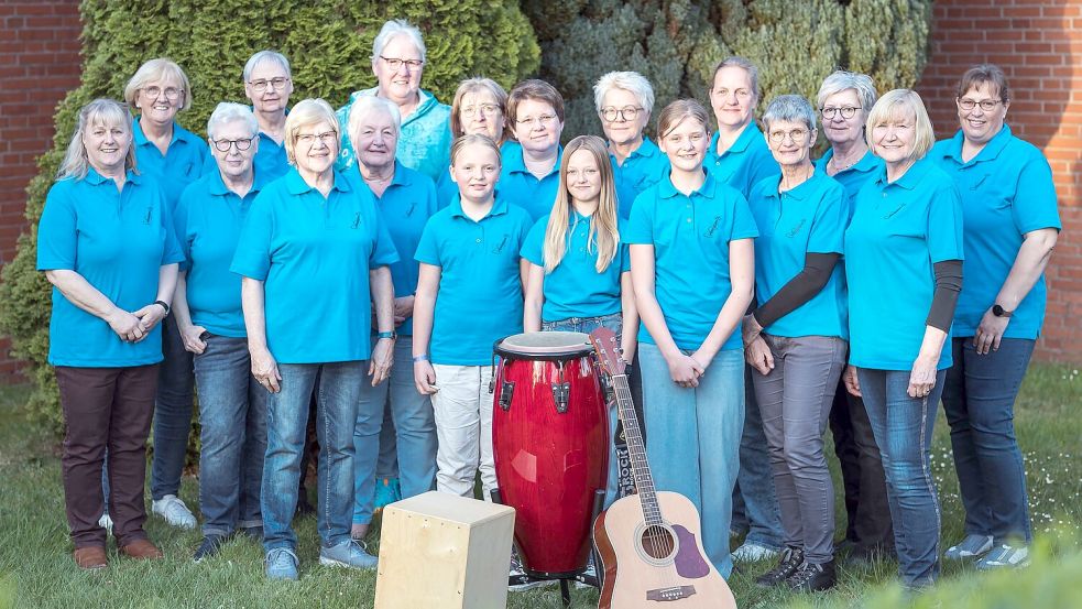 Im Chor Saitenklang singen und spielen (vordere Reihe, von links): Helga Groeneveld, Isabell Follrichs, Lea Schmidt, Leni Weber, Mechthild Germann und Hedwig Klug sowie (mittlere Reihe, von links) Mechthild Freesemann, Annelie Eissing , Peta Gravemeyer, Margit Stevens, Birgit Heyen, Astrid Korporal, Andrea Brauer, Gaby Bertelmann und Renate Götz. Ganz hinten stehen (von links) Traute Doeden, Heike Hobler und Heike Pfeiffer. Es fehlen Margret Meinders, Sina Iljasi und Kirsten Hobler. Foto: privat