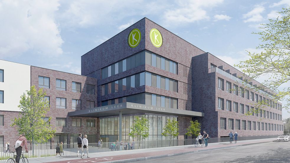 So wird der Neubau samt Haupteingang des Klinikums von der Augustenstraße aus künftig aussehen. Visualisierung: Klinikum Leer