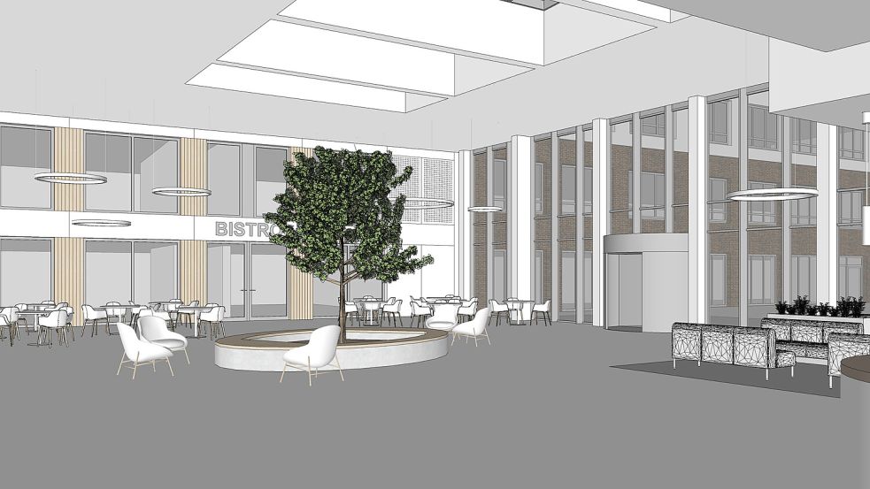 Ein Blick durch die neue Eingangshalle in Richtung des Bistros sowie der Fenster des Vita (hinter der großen Fensterfront rechts). Visualisierung: Klinikum Leer