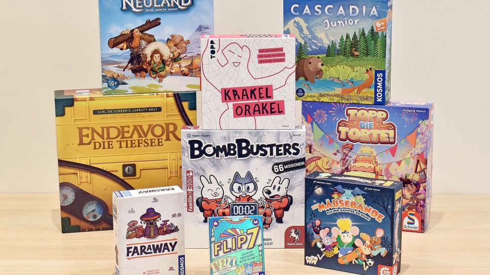 Die nominierten Spiele der Auszeichnungen „Spiel des Jahres“, „Kennerspiel des Jahres“ und „Kinderspiel des Jahres“ für das Jahr 2025. Foto: --/Spiel des Jahres e.V./dpa