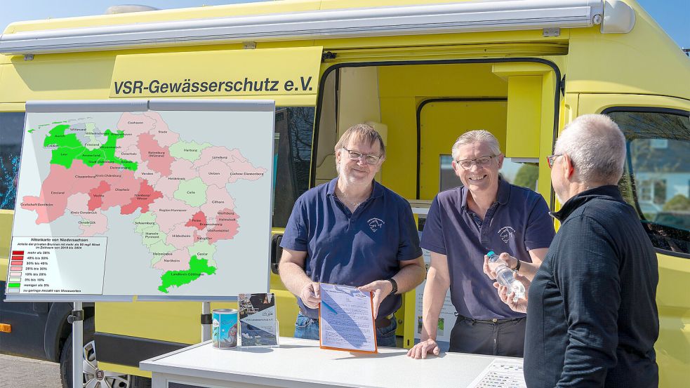 Arno Mittelmeyer und Matthias Ahlbrecht beraten einen Brunnenbesitzer mit Nitratkarte Niedersachsen vor einem Labormobil des VSR-Gewässerschutz. Foto: Ruben Wiltsch/VSR-Gewässerschutz