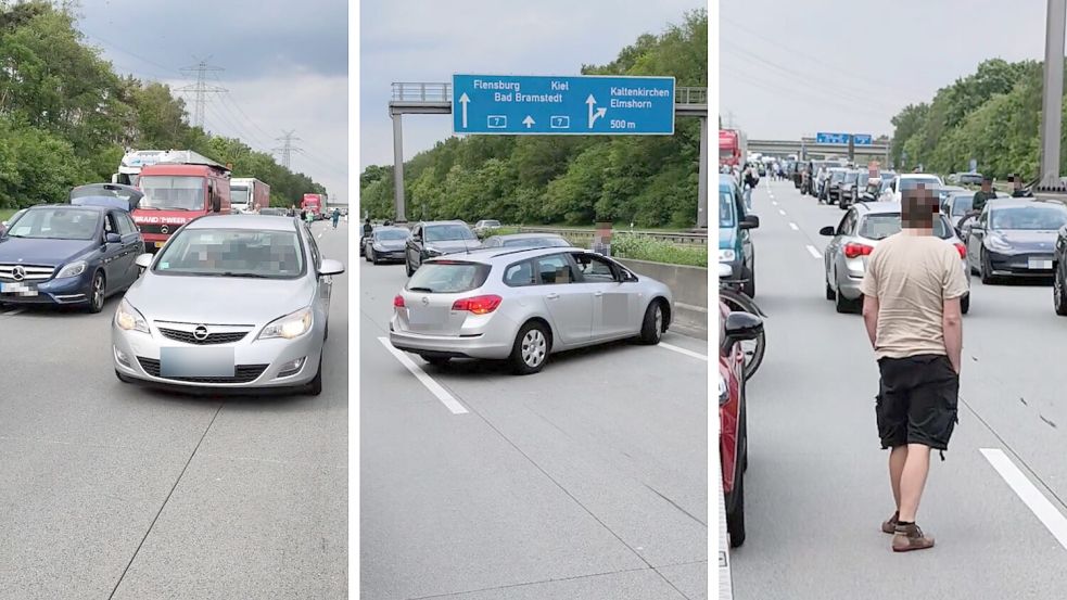 Der Vorfall im Stau auf der A7 war vom Mitarbeiter eines Abschleppdienstes dokumentiert worden. Zu sehen ist, wie der Opel-Fahrer durch die Rettungsgasse fährt und später umdreht, um entgegen der Fahrtrichtung zurückzufahren. Die anderen Autofahrer, die im Stau stehen, verfolgen die Szenen irritiert. Foto: fsp