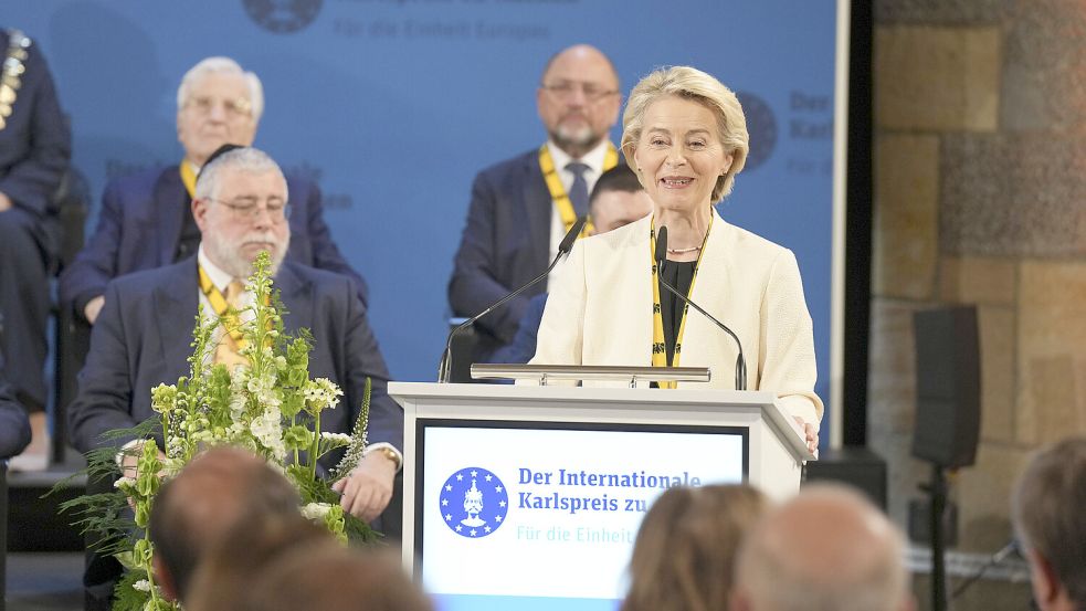 Ursula von der Leyen bei der Verleihung des Internationalen Karlspreis 2025 in Aachen. Foto: IMAGO/Political-Moments
