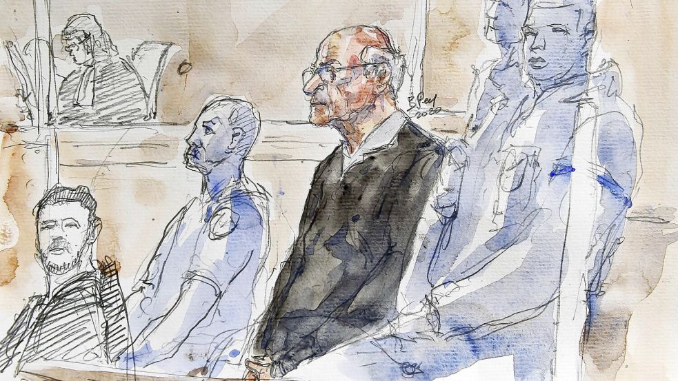 Die Gerichtsskizze zeigt den pensionierten französischen Chirurgen Joël Le Scouarnec bei seinem Prozess im Gerichtsgebäude. Der wegen Kindesmissbrauchs in Frankreich zu 15 Jahren Gefängnis verurteilte Ex-Chirurg hatte gegen die Entscheidung des Gerichts Berufung eingelegt. Foto: Benoit Peyrucq/dpa/AFP