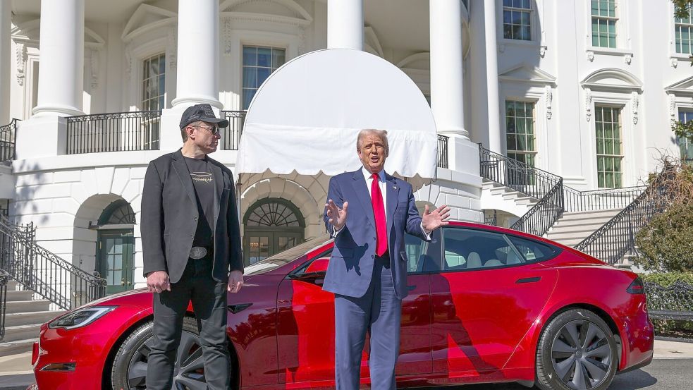„Ich liebe Tesla!“, rief Trump im März vor dem Weißen Haus in die TV-Kameras. (Archivbild) Foto: -/Pool/AP/dpa
