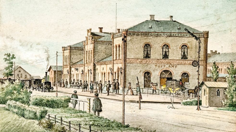 Der Ausgangspunkt für viele Reisen von Gottlieb Kistenmacher: Den Mitte der 1850er Jahre gebauten Leeraner Bahnhof zeichnete er im Jahr 1862. Quelle: Heimatmuseum Leer