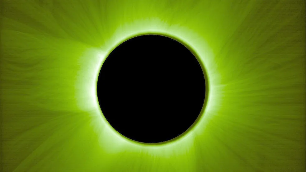 Dieses Bild wurde von einem Satelliten der „Proba-3“-Mission aufgenommen. Es zeigt die innere Sonnenkorona so, wie ein menschliches Auge sie bei einer Sonnenfinsternis durch einen grünen Filter sehen würde. Foto: ESA/Proba-3/ASPIICS//WOW algorithm /dpa