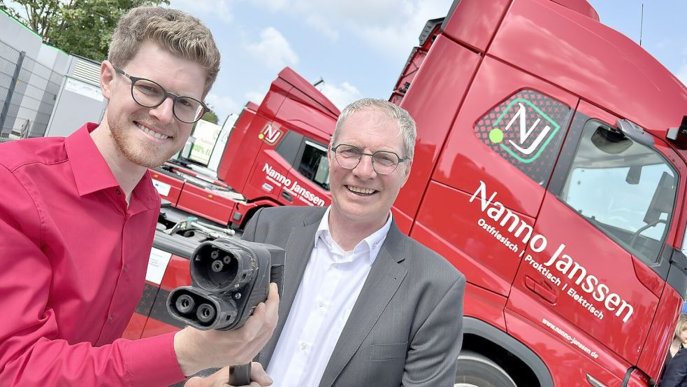 Nanno Edzard Janssen und Nanno Tönjes Janssen eröffneten den Ladepark im Gewerbe- und Industriegebiet Leer-Nord. Foto: Klaus Ortgies