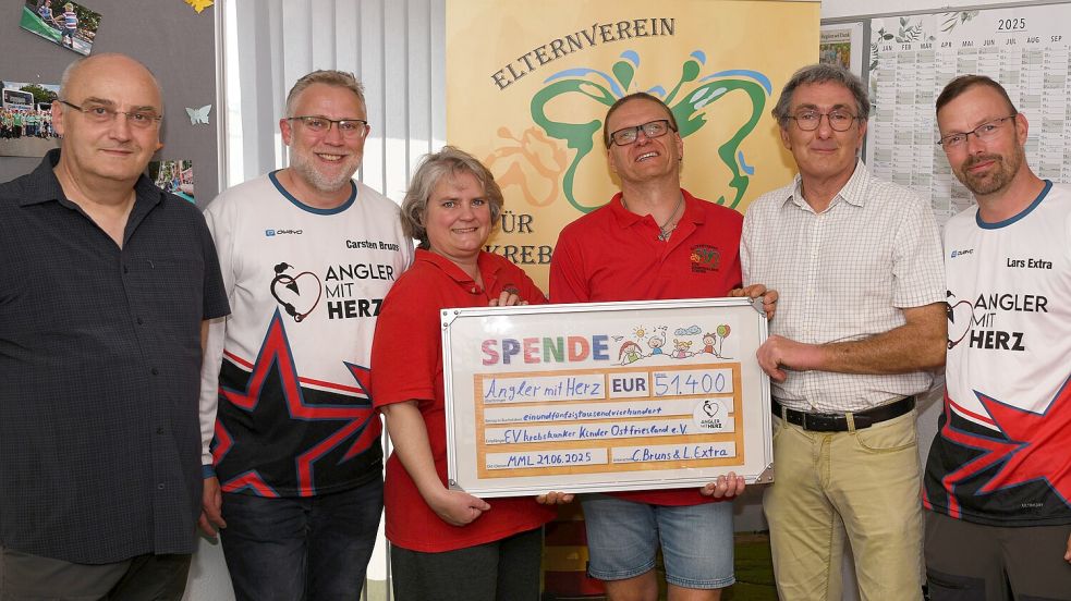 Präsentationsscheck überreicht: Büro des Elternvereins für krebskranke Kinder und ihre Familien in Warsingsfehn trafen sich die „Angler mit Herz“ Carsten Bruns (2. von links) und Lars Extra (rechts) mit den Elternvereinsmitgliedern (von links) Kassenwart Rolf Peters, der stellvertretenden Vorsitzenden Doreen Hesse-Oeltjen, dem zweiten stellvertretenden Vorsitzenden Johann Gronewold und dem Vorsitzenden Dr. Frank Simon. Foto: privat