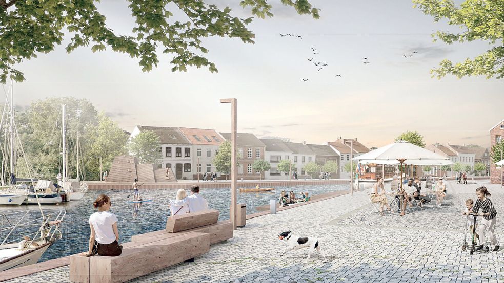 Entlang der Hafenkante sieht der Siegerentwurf eine Promenade mit Sitzgelegenheiten vor. Visualisierung: NSP Landschaftsarchitekten Stadtplaner PartGmbB